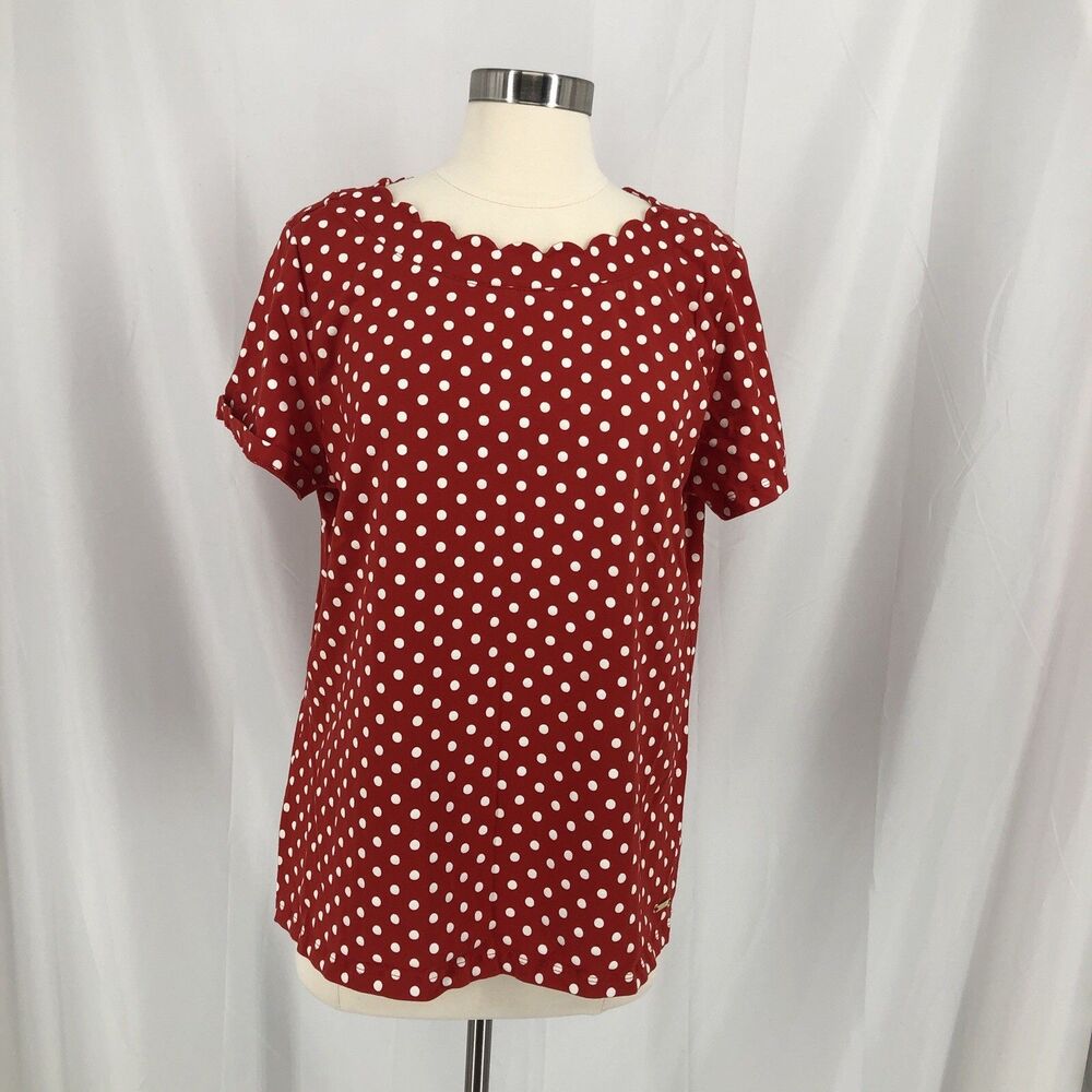 Cute Anne Klein size XL Red polka dot scallop neck short sleeve shirt